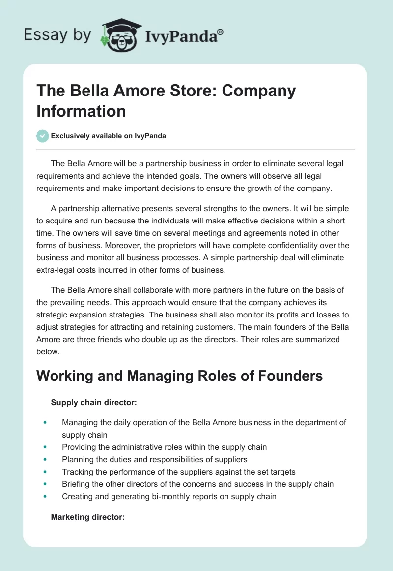 The Bella Amore Store: Company Information. Page 1