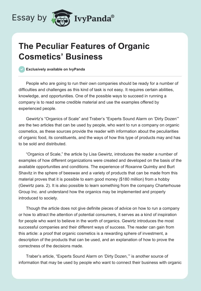 The Peculiar Features of Organic Cosmetics’ Business. Page 1