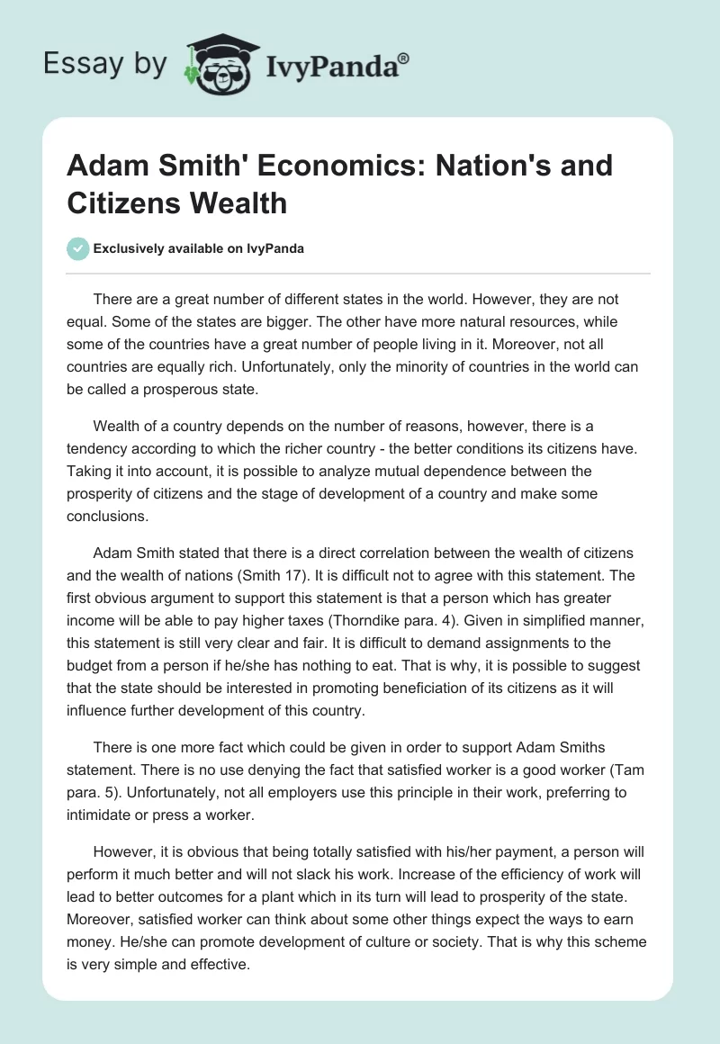 Adam Smith' Economics: Nation's and Citizens Wealth. Page 1
