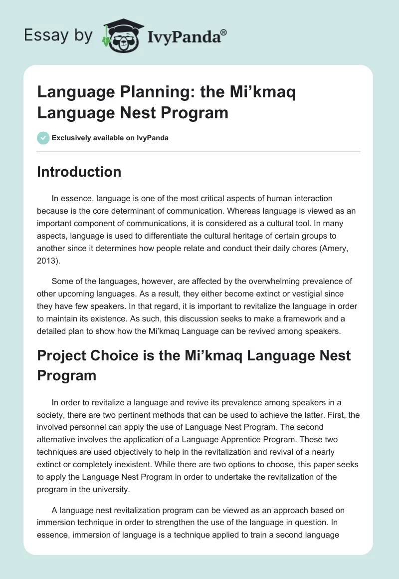 Language Planning: the Mi’kmaq Language Nest Program. Page 1