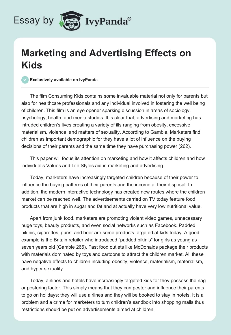 Marketing and Advertising Effects on Kids. Page 1