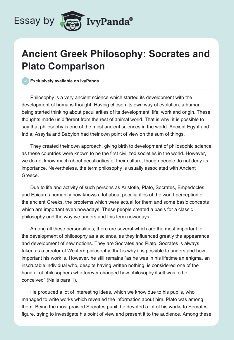 Ancient Greek Philosophy: Socrates and Plato Comparison. Page 1