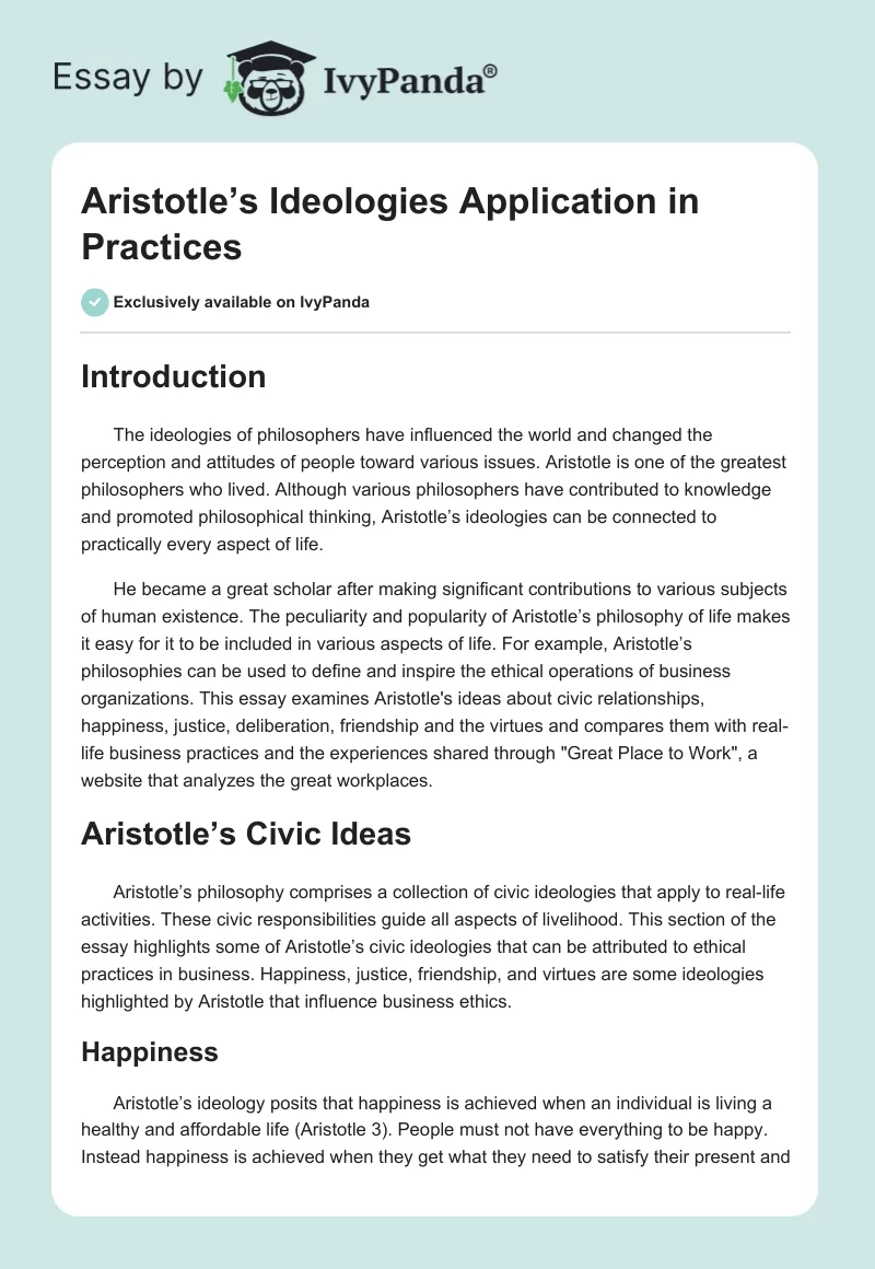 Aristotle’s Ideologies Application in Practices. Page 1