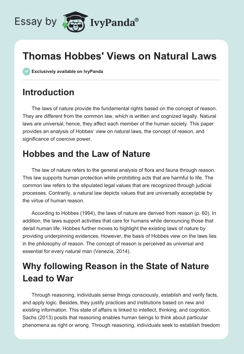 Thomas Hobbes' Views on Natural Laws. Page 1