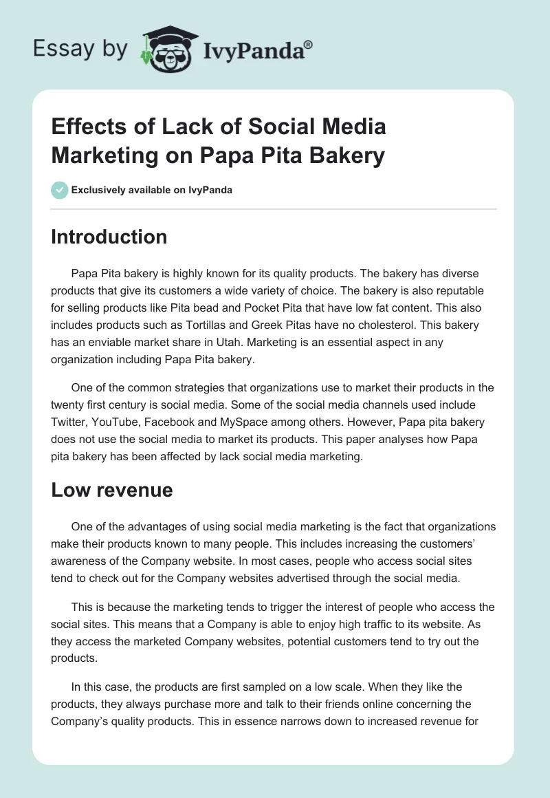 Effects of Lack of Social Media Marketing on Papa Pita Bakery. Page 1
