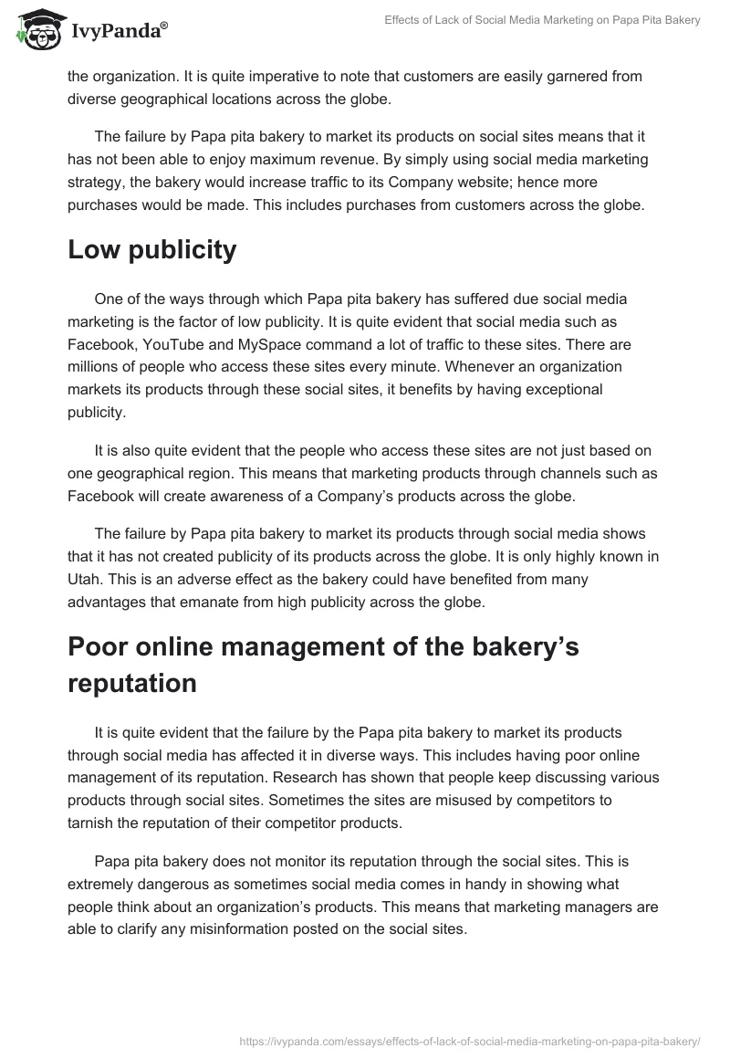 Effects of Lack of Social Media Marketing on Papa Pita Bakery. Page 2
