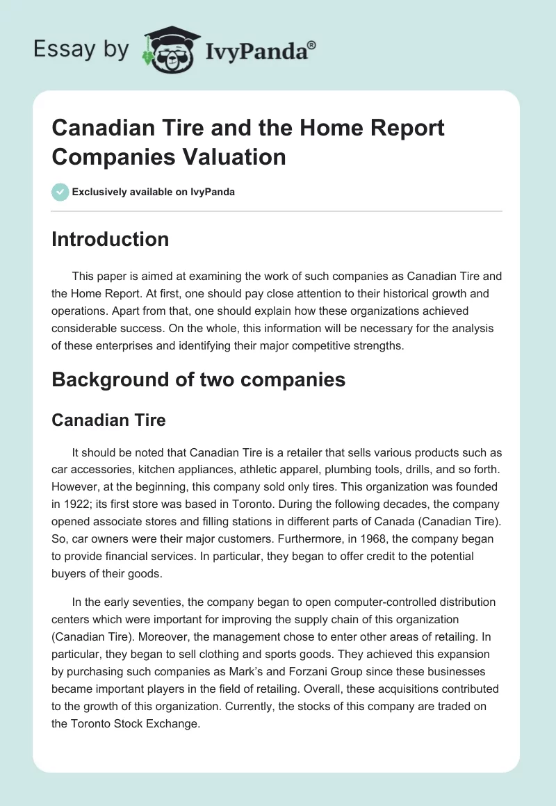 Canadian Tire and the Home Report Companies Valuation. Page 1