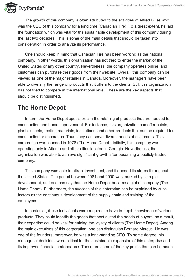 Canadian Tire and the Home Report Companies Valuation. Page 2