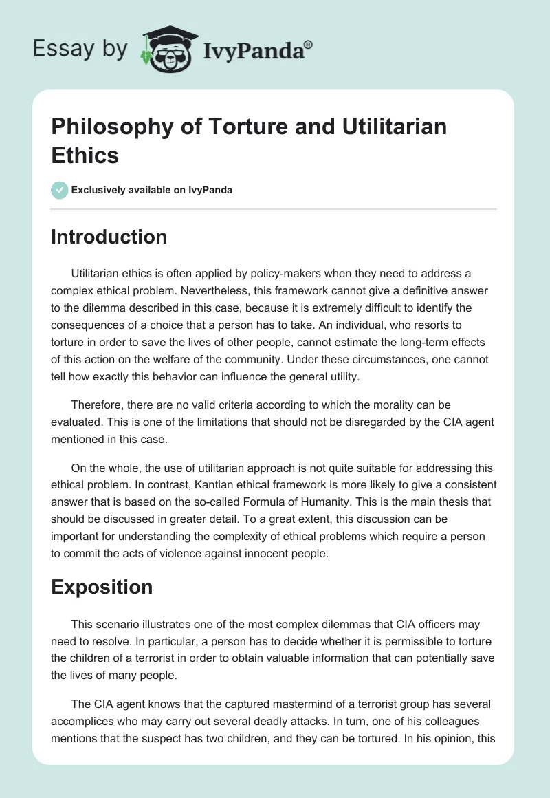 Philosophy of Torture and Utilitarian Ethics. Page 1