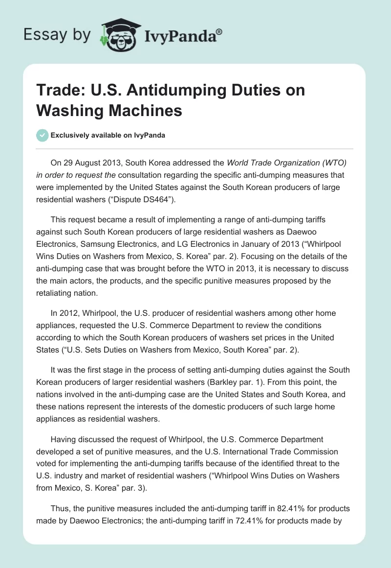 Trade: U.S. Antidumping Duties on Washing Machines. Page 1