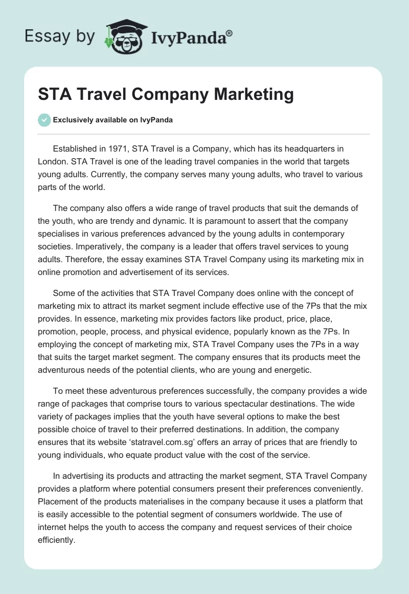STA Travel Company Marketing. Page 1