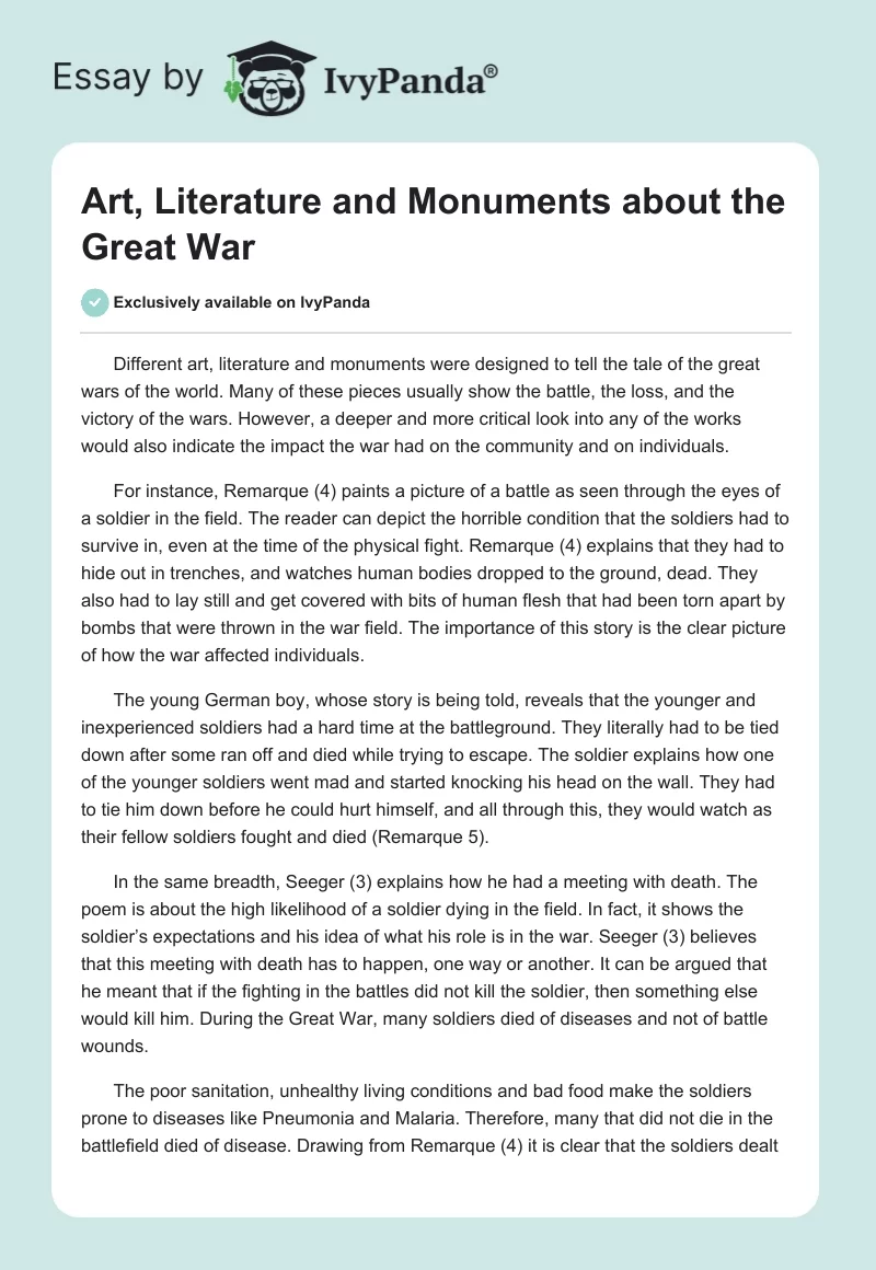 Art, Literature and Monuments About the Great War. Page 1