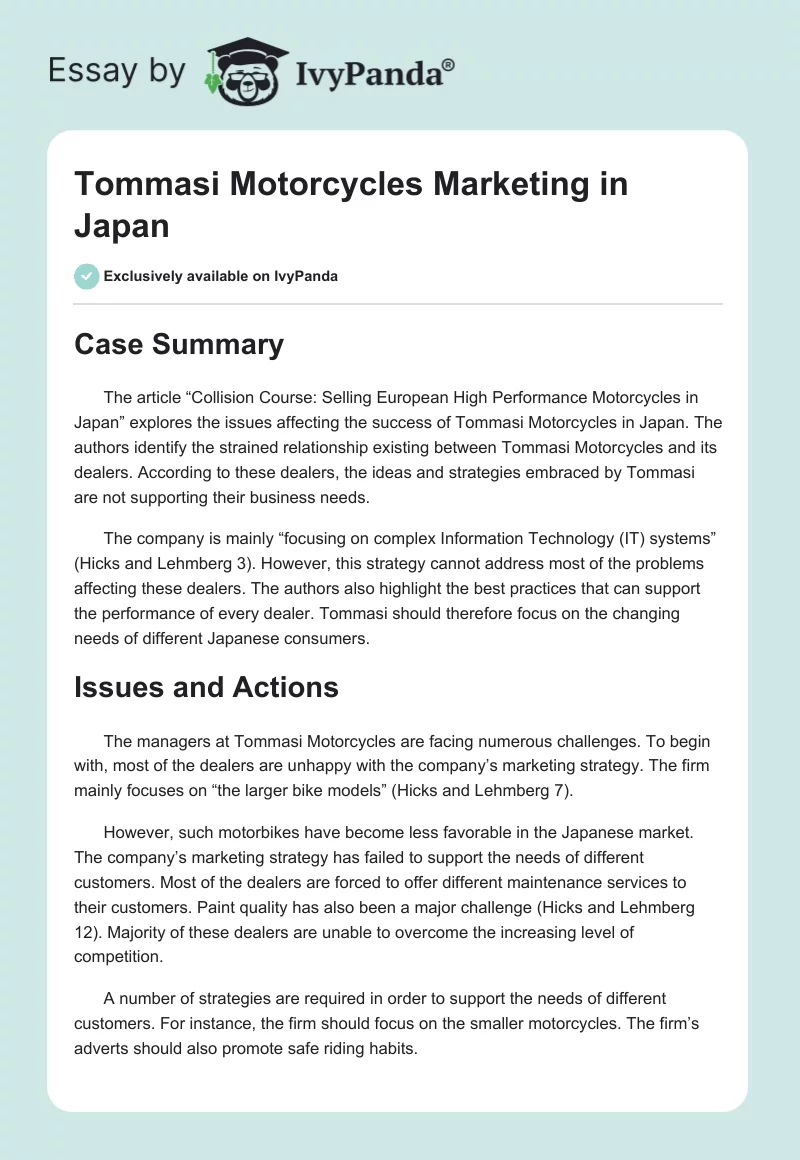 Tommasi Motorcycles Marketing in Japan. Page 1