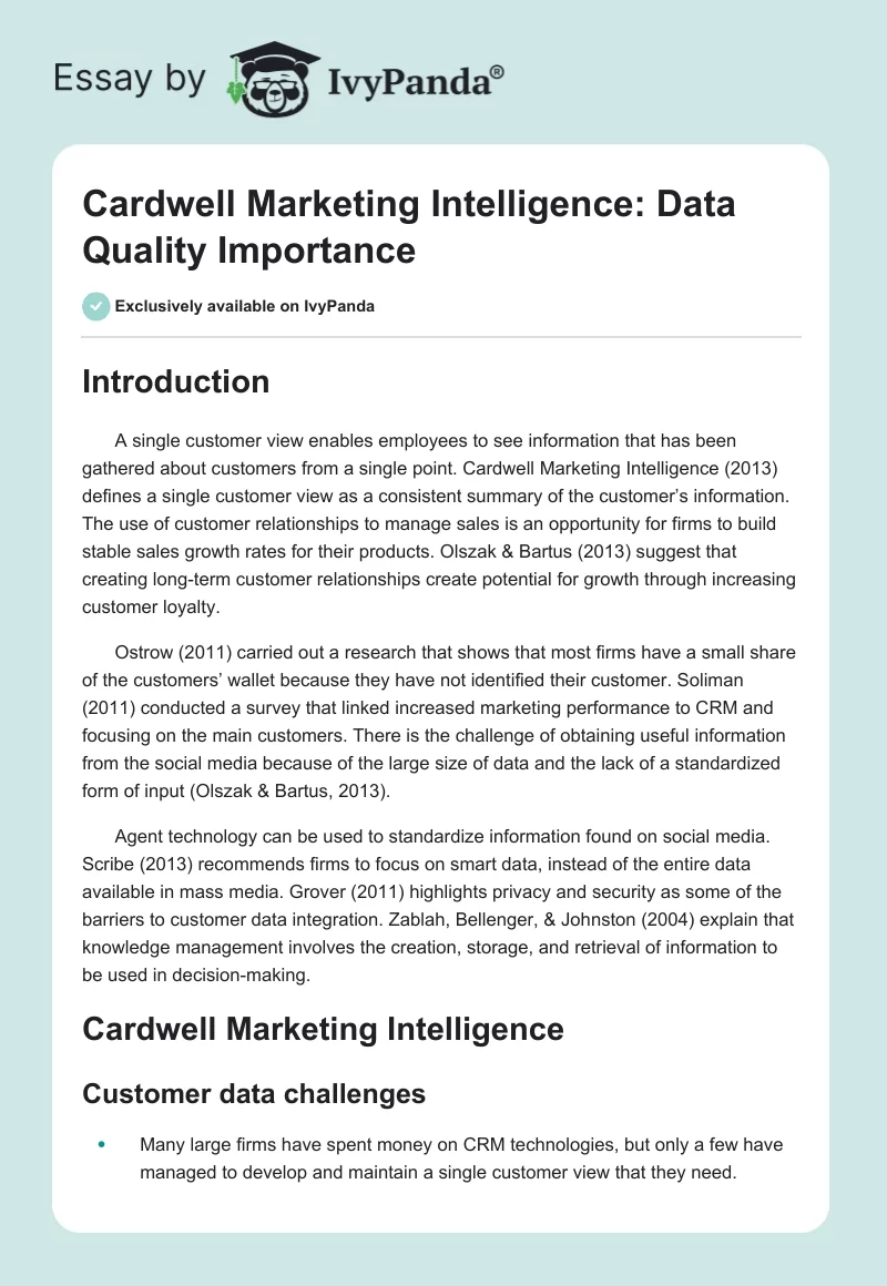 Cardwell Marketing Intelligence: Data Quality Importance. Page 1