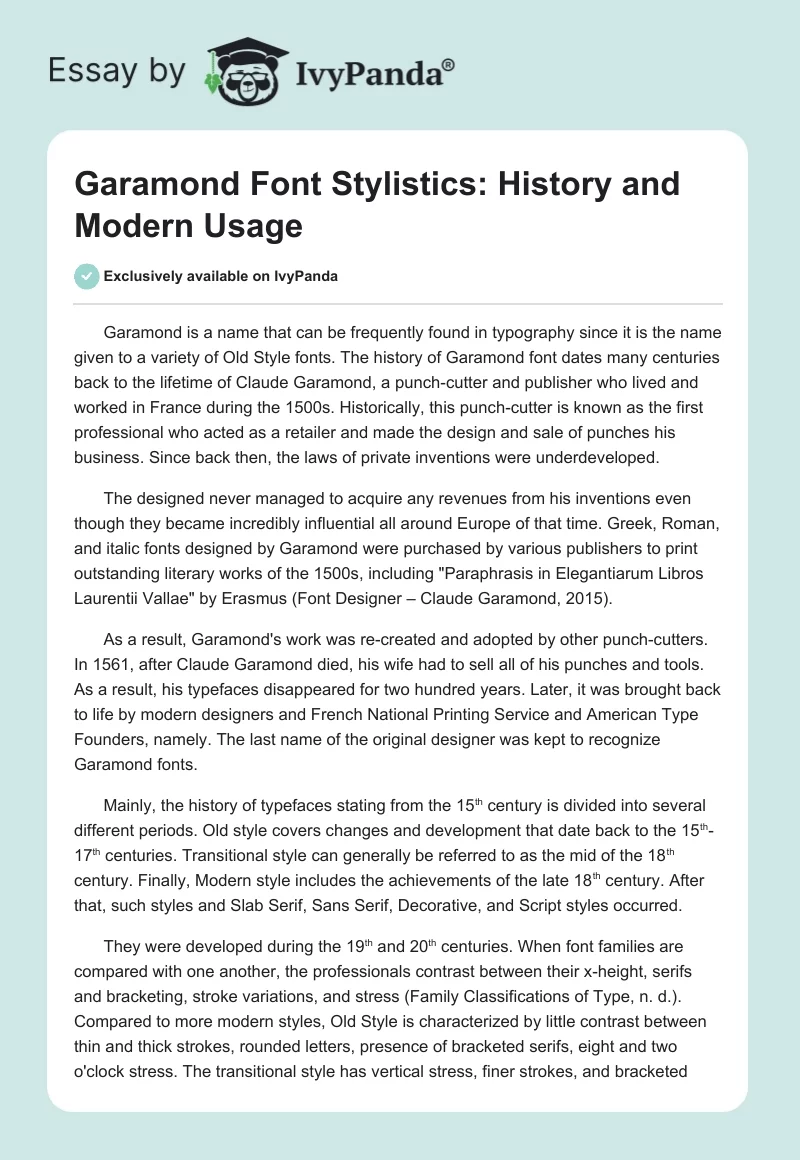 Garamond Font Stylistics: History and Modern Usage. Page 1