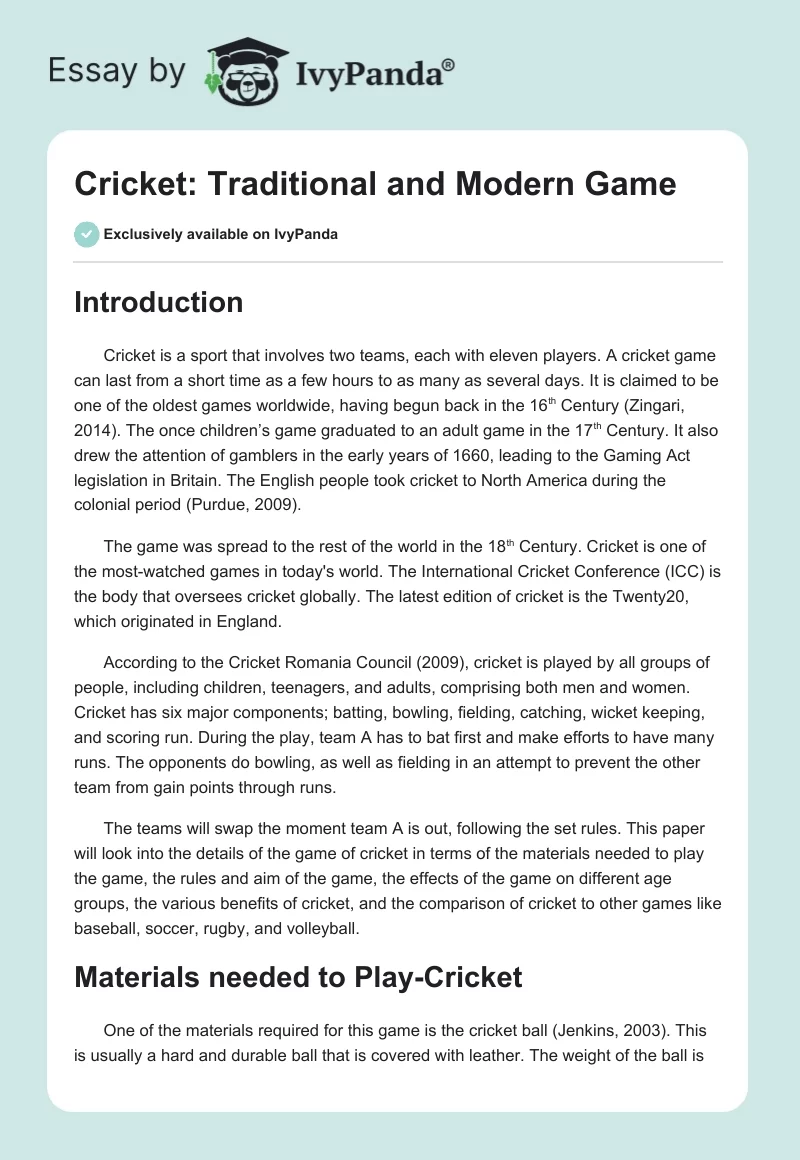 Cricket: Traditional and Modern Game. Page 1