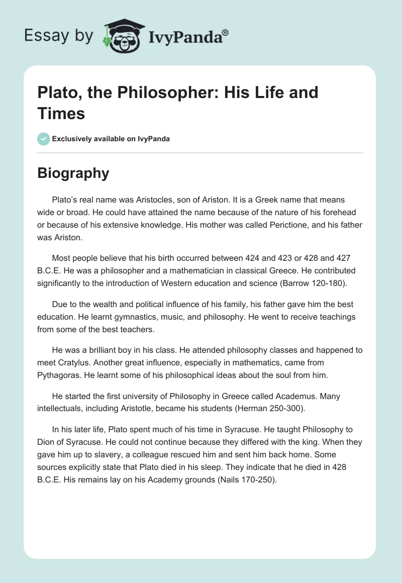 Plato, the Philosopher: His Life and Times. Page 1