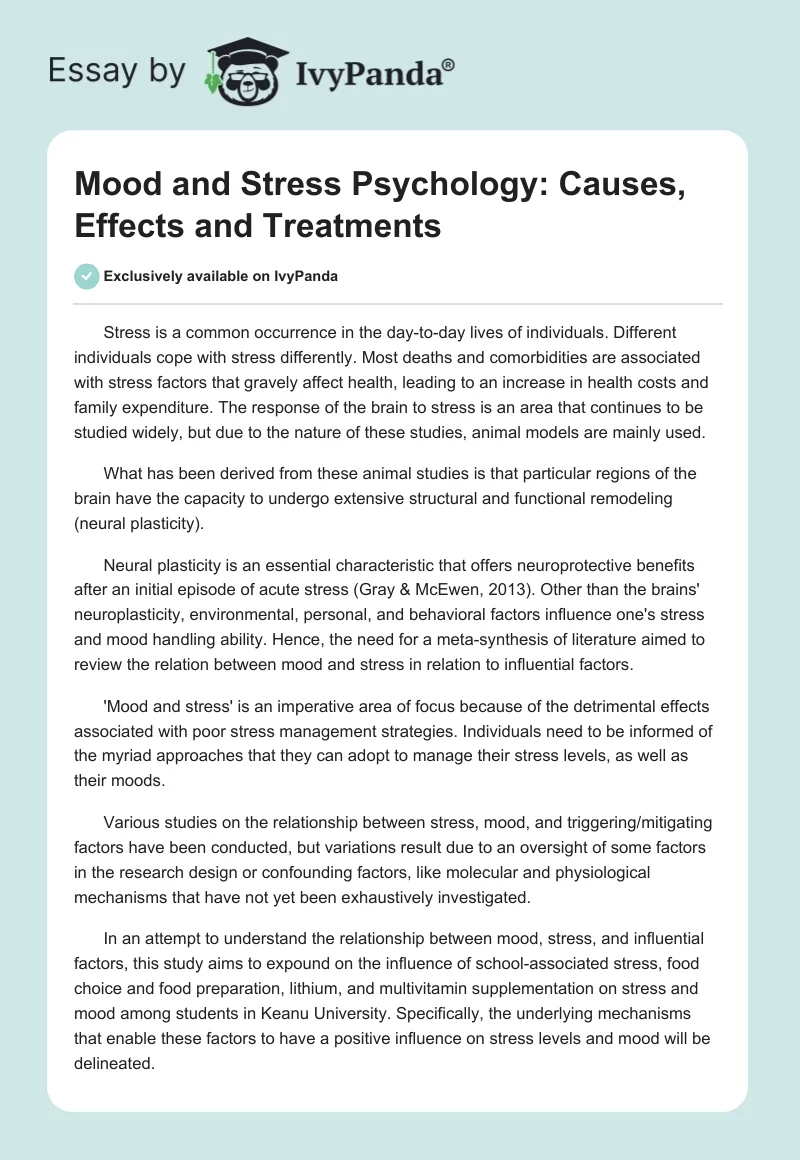 Mood and Stress Psychology: Causes, Effects and Treatments. Page 1