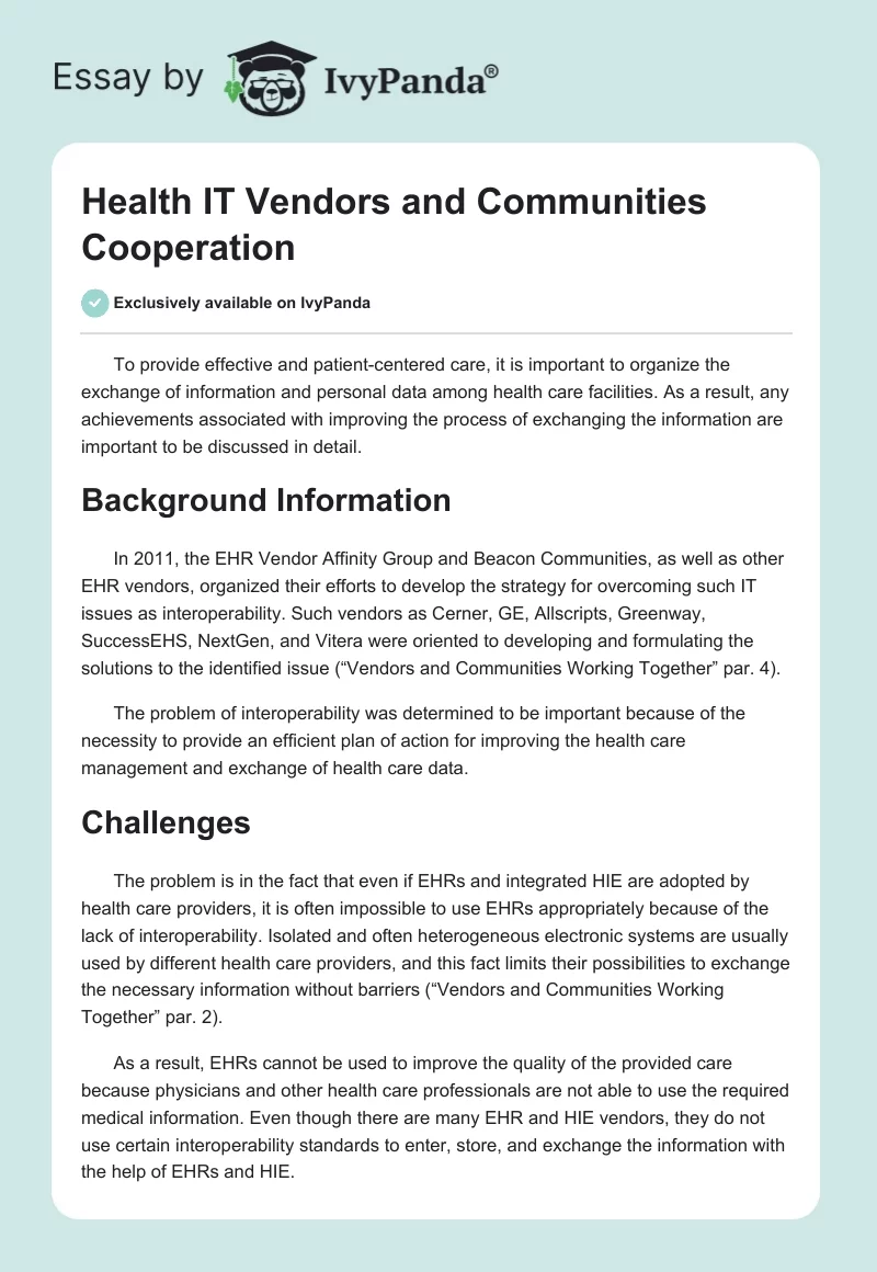Health IT Vendors and Communities Cooperation. Page 1