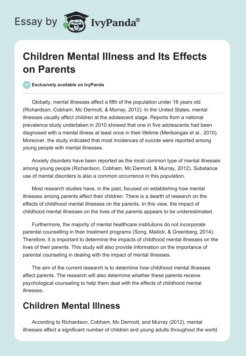 Children Mental Illness and Its Effects on Parents. Page 1