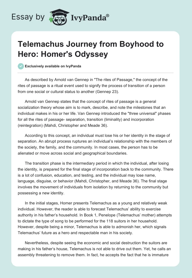 Telemachus Journey From Boyhood to Hero: Homer's The Odyssey. Page 1