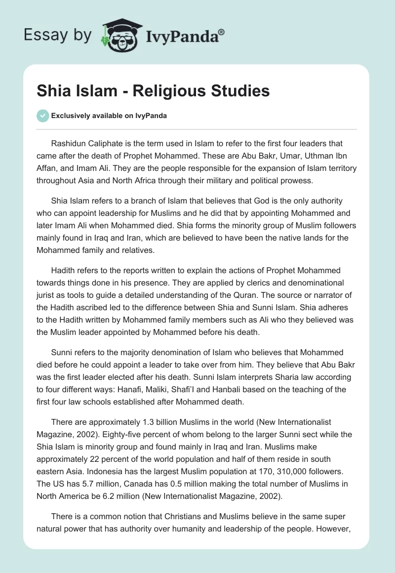 Shia Islam - Religious Studies. Page 1