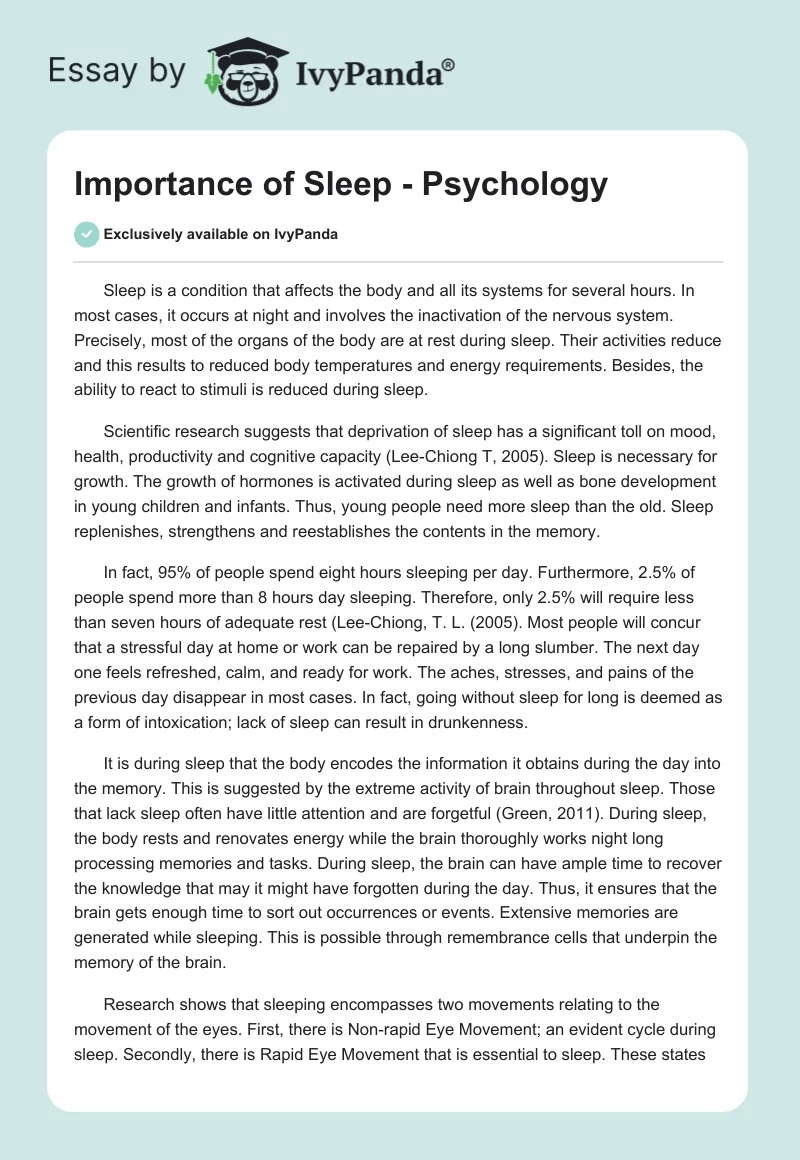 Importance Of Sleep Psychology 599 Words Report Example