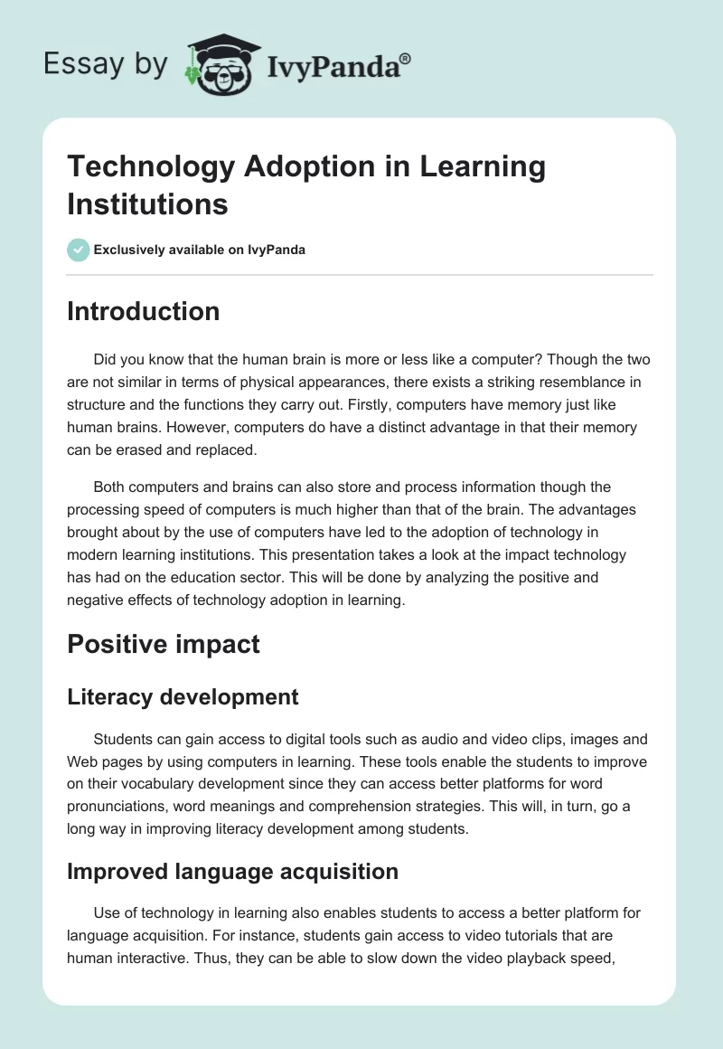 Technology Adoption in Learning Institutions. Page 1