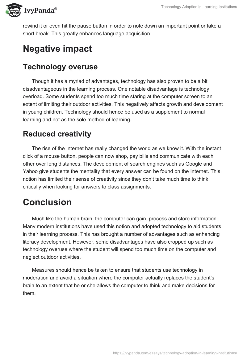 Technology Adoption in Learning Institutions. Page 2