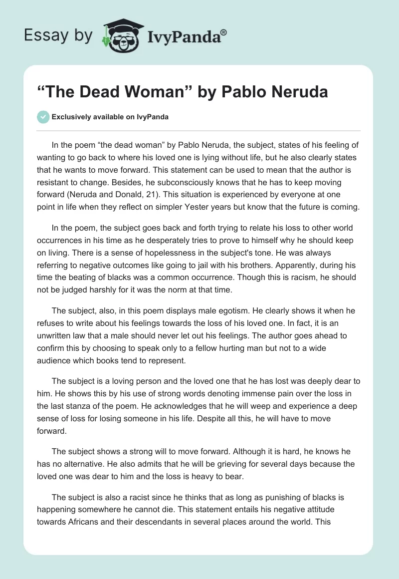 “The Dead Woman” by Pablo Neruda. Page 1