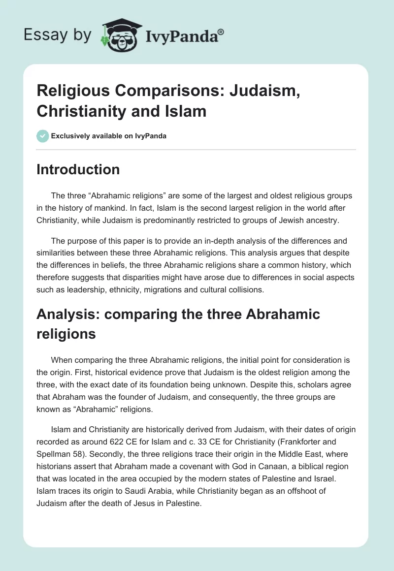 Religious Comparisons: Judaism, Christianity and Islam. Page 1