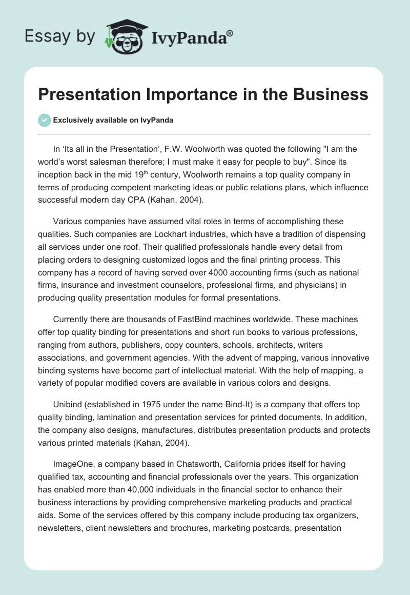 Presentation Importance in the Business. Page 1