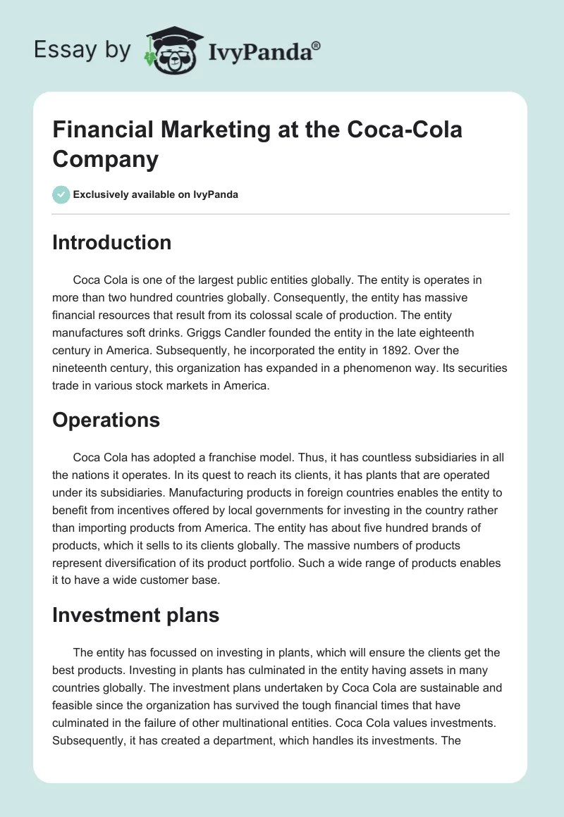 Financial Marketing at the Coca-Cola Company. Page 1