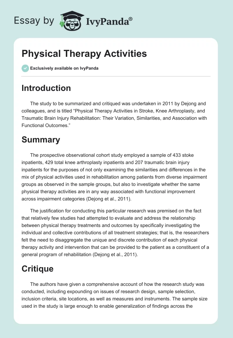 Physical Therapy Activities. Page 1