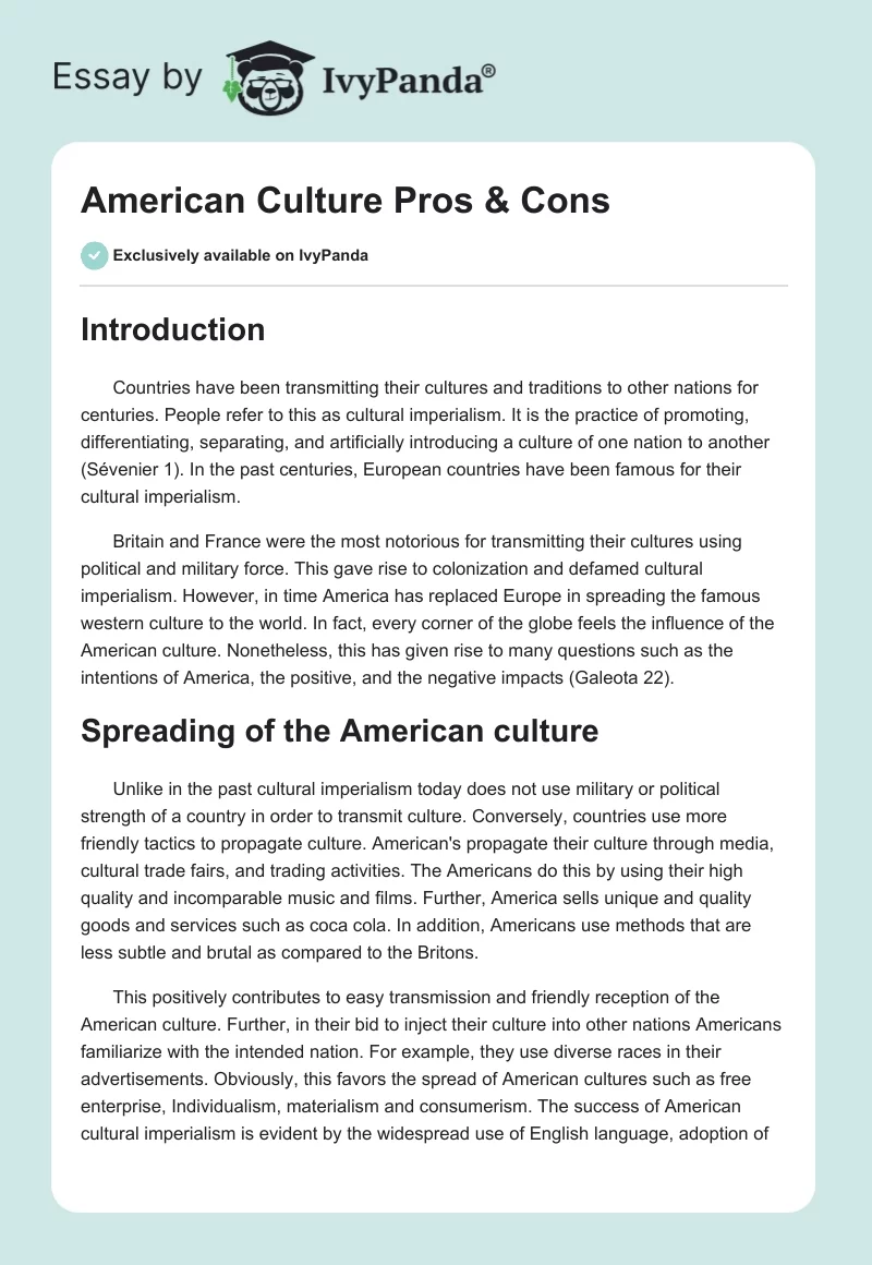 American Culture Pros & Cons. Page 1
