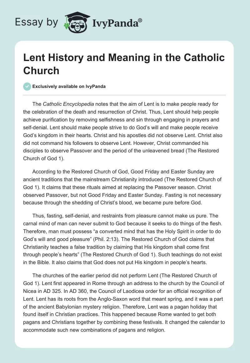 Lent History and Meaning in the Catholic Church. Page 1