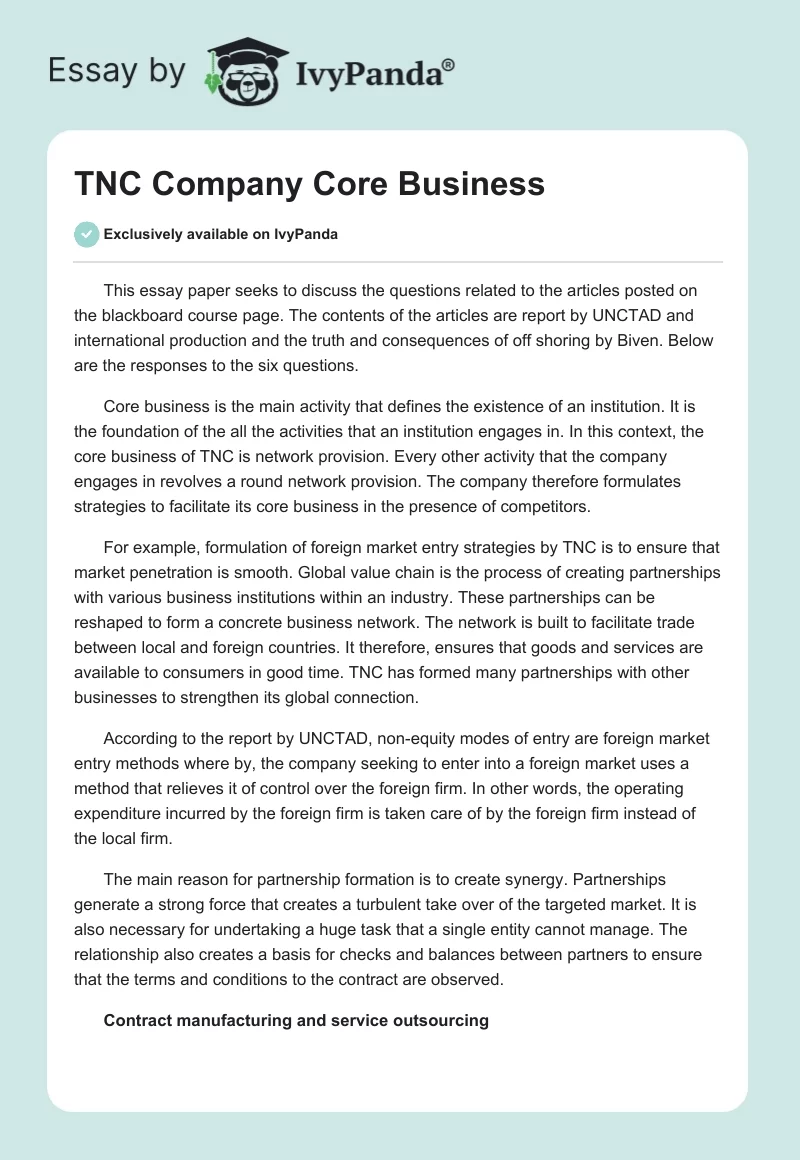 TNC Company Core Business. Page 1