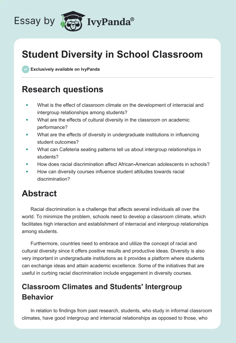 Student Diversity in School Classroom. Page 1