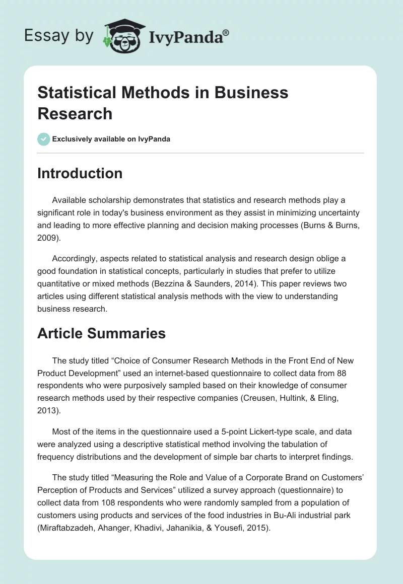 Statistical Methods in Business Research. Page 1