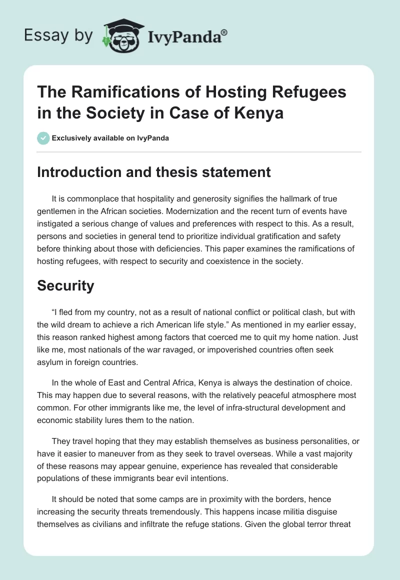 The Ramifications of Hosting Refugees in the Society in Case of Kenya. Page 1