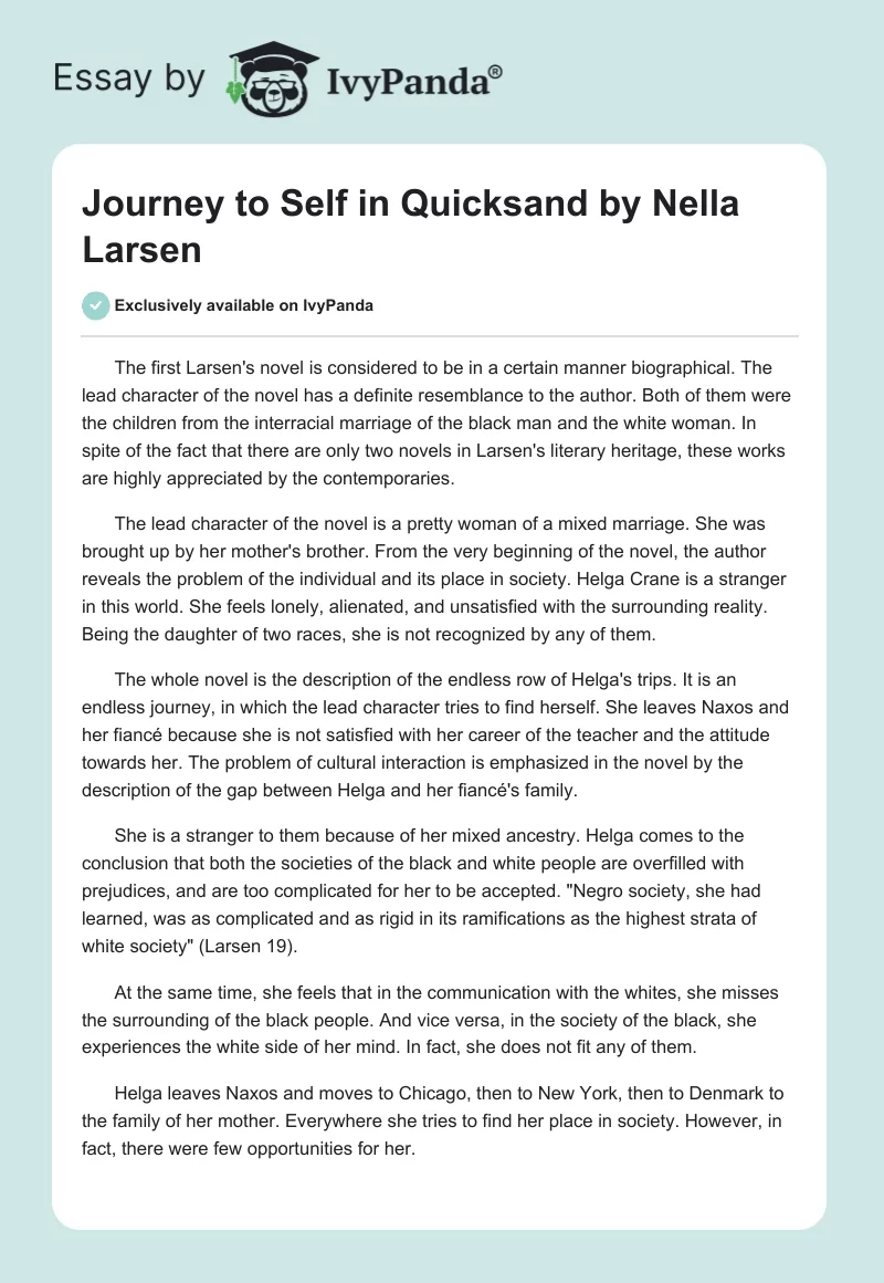 Journey to Self in "Quicksand" by Nella Larsen. Page 1