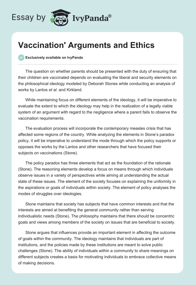 Vaccination' Arguments and Ethics. Page 1