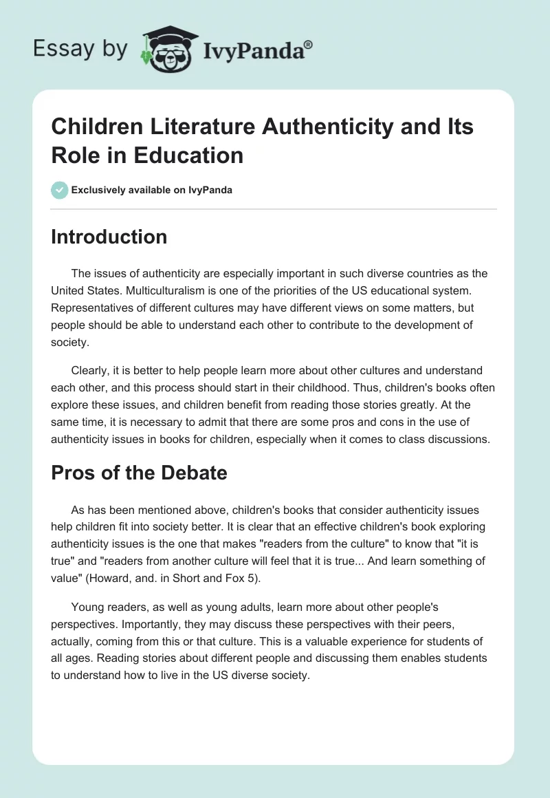Children Literature Authenticity and Its Role in Education. Page 1