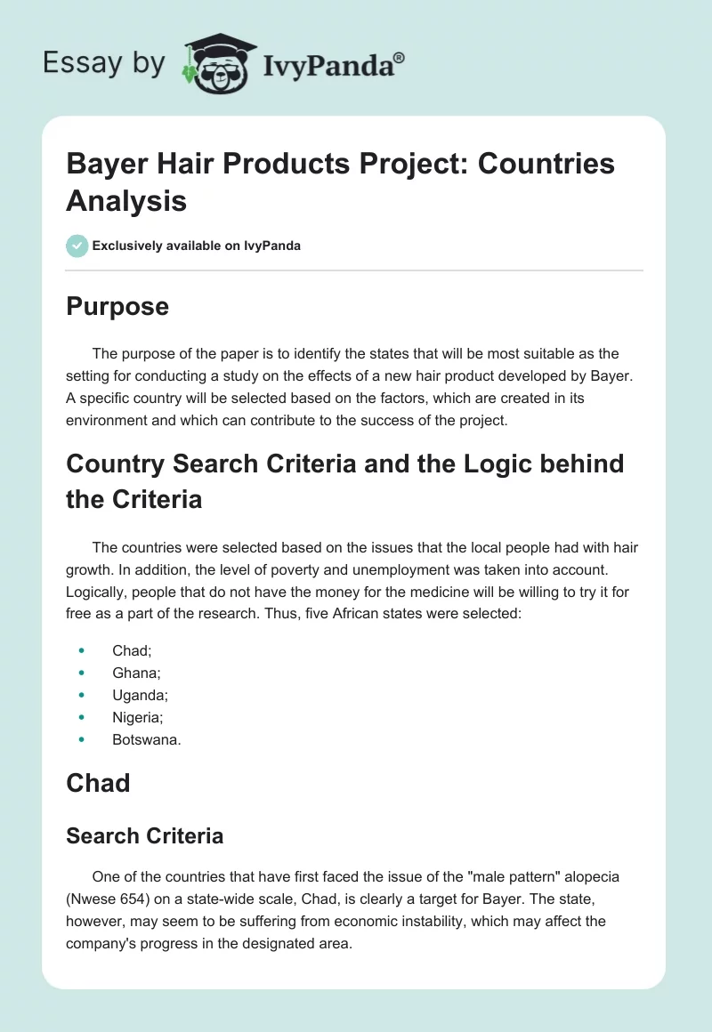 Bayer Hair Products Project: Countries Analysis. Page 1