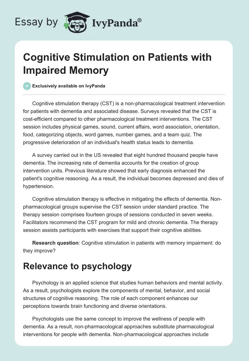 Cognitive Stimulation on Patients With Impaired Memory. Page 1