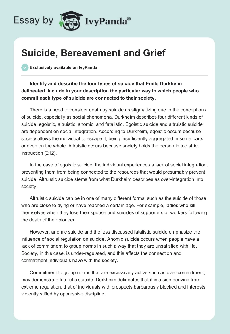 Suicide, Bereavement and Grief. Page 1