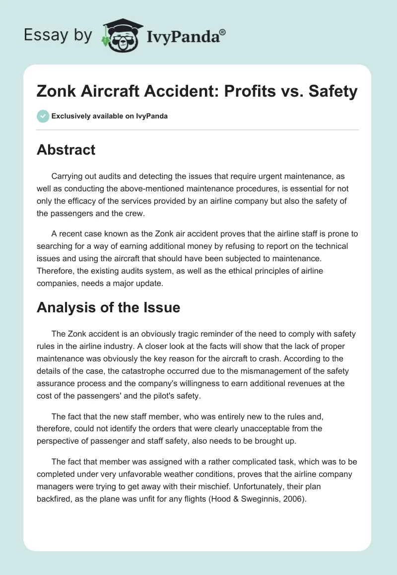 Zonk Aircraft Accident: Profits vs. Safety. Page 1