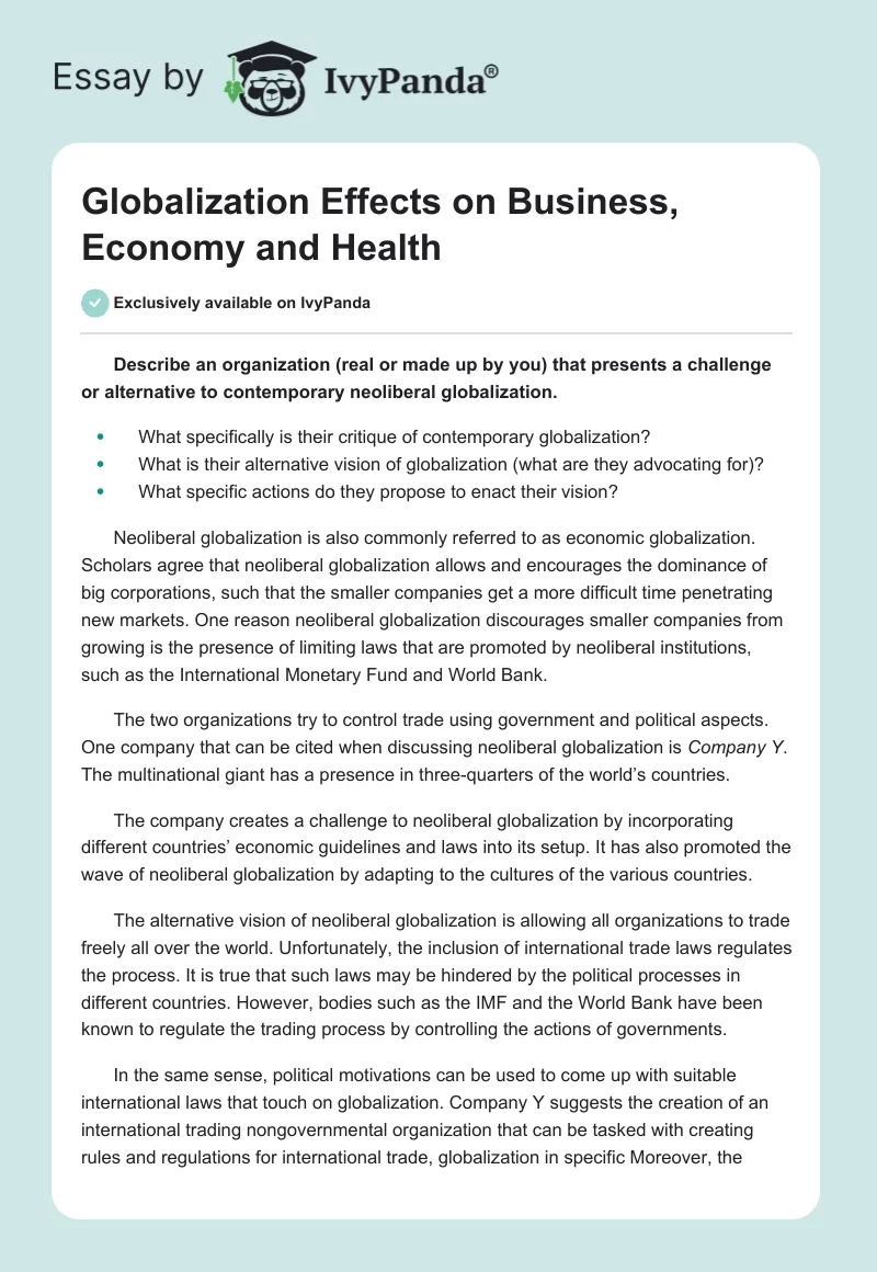 Globalization Effects on Business, Economy and Health. Page 1