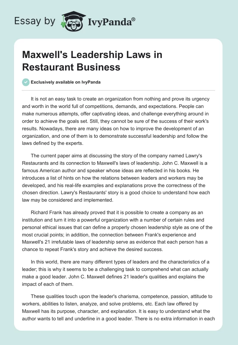 Maxwell's Leadership Laws in Restaurant Business. Page 1