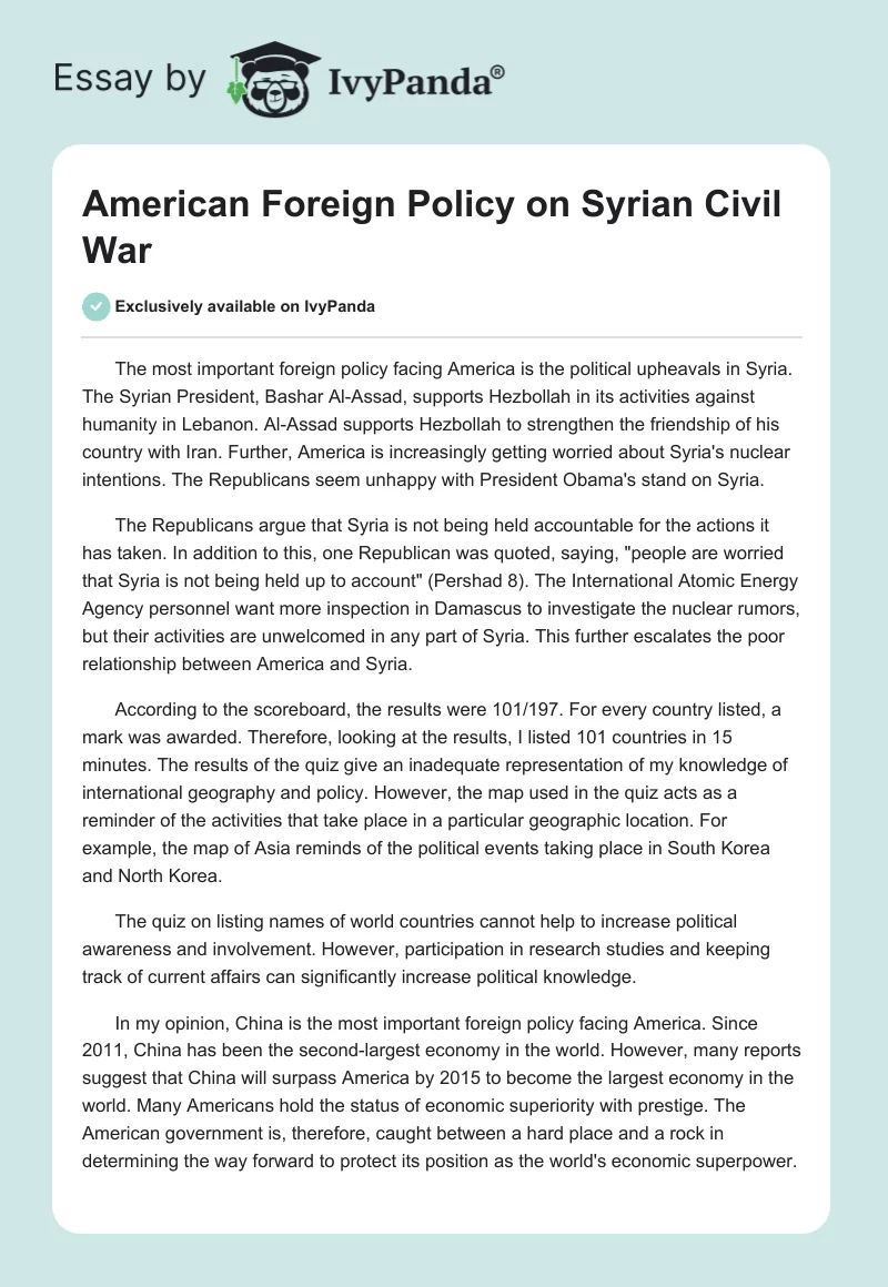 American Foreign Policy on Syrian Civil War. Page 1